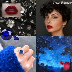 a collage of photos with blue, red and white accessories including lipstick, an image of a woman's face