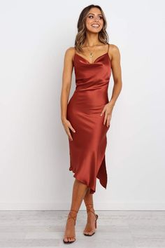 Special Event Outfit, Event Outfit, Rust Dress, Cowl Neckline, Guest Outfit, Asymmetrical Hem, Wedding Attire