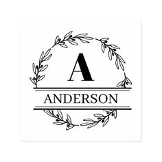 the personalized monogrammed sticker is shown in black and white with an olive wreath