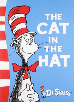 the cat in the hat is sitting on top of a red and white striped pole