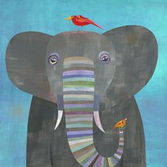 an elephant with a bird on its head and another animal in the foreground, against a blue background