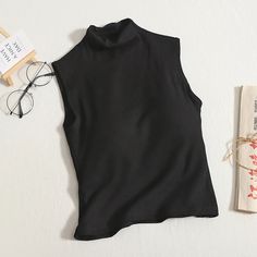 Color: Black, Size: F Fit 40-60kg Casual Crop Tops, Simple Crop Top, Mock Neck Tank Top, School Outfit Women, Mock Neck Tank, Crop Top Casual, Beach Tops, Summer Black, Sleeveless Crop Top