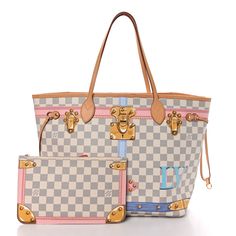 This is an authentic LOUIS VUITTON Damier Azur Summer Trunks Neo Neverfull MM. This stylish handbag is crafted of Louis Vuitton signature damier checkered canvas in azur blue and white with a pastel print of a luggage trunk with an LV patch. This shoulder bag features vachetta cowhide leather trim including strap handles and side cinch cords with polished brass hardware. The top is wide and opens to beige fabric interior with a hanging zipper pocket and a matching pochette. Luggage Trunk, Pastel Print, Louis Vuitton Damier Azur, Neverfull Mm, Beige Fabric, Brass Hardware, Polished Brass, Leather Trim, Authentic Louis Vuitton