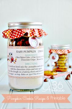 an easy recipe for pumpkin cookies in a mason jar with ribbon and buttons on the top