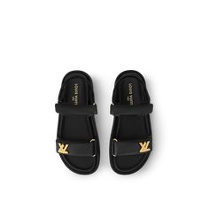 LOUIS VUITTON® - Lv Sunset Platform Comfort Sandal - Black Lv Twist, Sandals Luxury, Louis Vuitton Gifts, Trunk Bag, Model Features, Leather Denim, Louis Vuitton Official, Buckle Shoes, Wallet Pouch