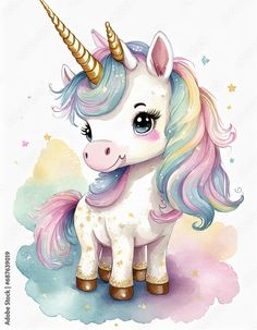 a white unicorn with blue and pink hair