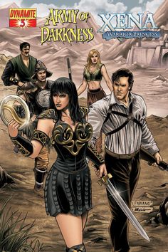 the cover to army of darkness xena, featuring two women and one man with swords