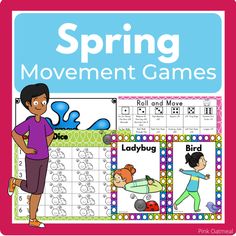 the spring movement games for children to practice their language and spelling skills, including roll and move