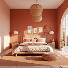 a bedroom with an orange wall and white bed in the center, surrounded by wicker furniture