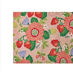 an area rug with strawberries and flowers on pink background, in the shape of a flower