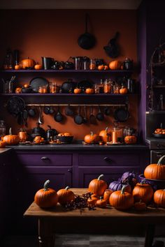 Unearth a magical realm in your kitchen with stunning Halloween wall decor. Revel in the warm embrace of rich pumpkin orange and mystical purples. Adorn open shelves with cascading amber leaves, potion bottles, and an army of pumpkins. Get mesmerized by enchanting Halloween wall art, from vintage posters of witches to shadow boxes filled with spooky trinkets. Illuminate with flickering candles in black iron sconces, and let your kitchen tell haunting tales of harvests and playful witches. Orange And Black Kitchen, Purple And Orange Kitchen, Spooky Trinkets, Orange And Purple Aesthetic, Purple Kitchen Walls, Orange Shelves, Tattoo Room, Purple Cabinets, Witchy Kitchen