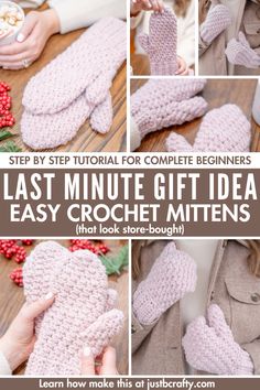 the last minute gift idea for crochet mittens is to make it look like they have been made