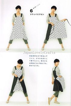 four different pictures of a woman in black and white polka dot aprons, with the same