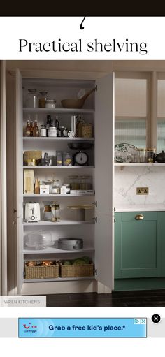 an open pantry door with the words practical shelving in front of it and below