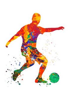 a man is kicking a soccer ball in the color of watercolor splatters