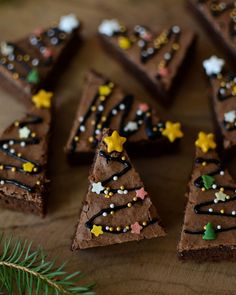 chocolate christmas tree brownies on a wooden table