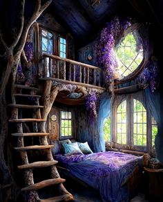 a bedroom with a spiral staircase leading up to the bed and window above it is decorated in purple flowers