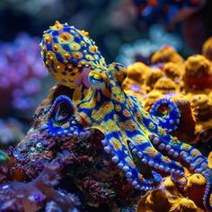 an octopus sitting on top of a colorful coral