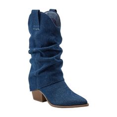 The indigo rd ANYLA soft slouch boot perfect fashion touch of western. The flexable outsole gives it comfort to be worn allday. Size: 8.5.  Color: Blue.  Gender: female.  Age Group: adult. Womens Fall Boots, Womens Biker Boots, Thick Heel Boots, Flat Heel Boots, Slouchy Boots, Western Boots Women, Tights And Boots, Slouched Boots, Cowboy Boots Women