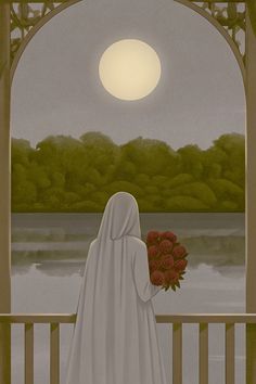 a painting of a woman in white holding flowers looking out at the water under a full moon