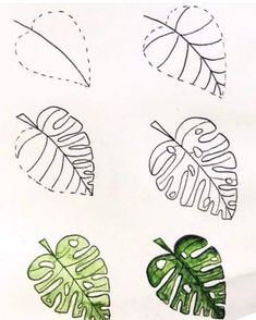 How To Draw Monstera Plant, Leave Drawing Easy, How To Doodle Plants, Simple Plant Drawing Ideas, Easy Monstera Leaf Drawing, Basic Leaf Drawing, Simple Foliage Drawing, How To Draw Tropical Leaves Step By Step, Tropical Flowers Drawing Step By Step