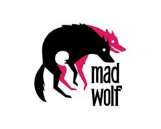 the mad wolf logo is black and pink with an animal on it's back