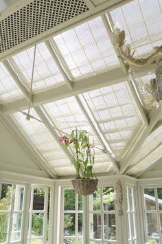 a sun room with large windows and a basket hanging from the ceiling filled with flowers