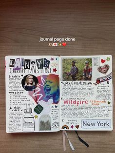 an open page in a journal with pictures and words on it, along with other items