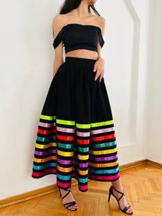 This stylish handmade skirt with colored stripes, suitable for any occasion, can be ordered in any color and size you want, has a hidden zipper and no lining. The length of this skirt can be as you wish and its size can be ordered from children to adults. Just give me the size of the waist and the length of the skirt. You can add the top you see in the picture to your order, which has a separate cost. processing time and shipping preparation and pack your order it can take me 3_5 days . please make sure the your address is up to date and accurate .  If you would like express shipping please add the upgrade during check out .  NO RETURN S OR EXCHANGES  unless I have made mistake with the size or if the costume is not same as pictured , please check carefully all measurement before making a Cotton Long Skirt For Party, Bohemian Midi Skirt For Party, Striped Long Flowy Skirt, Traditional Multicolor Maxi Skirt For Spring, Striped Flowy Long Skirt, Traditional Multicolor Spring Maxi Skirt, Multicolor Maxi Length Skirt For Party, Bohemian Flared Maxi Skirt For Parties, Bohemian Multicolor Skirt For Fiesta