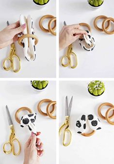 four pictures showing how to make an animal head out of scissors and other things that are on the table