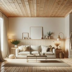 a living room with wood paneling and white couches, coffee table and potted plants