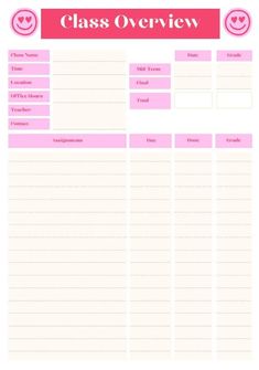 a pink class overview sheet with smiley faces on it