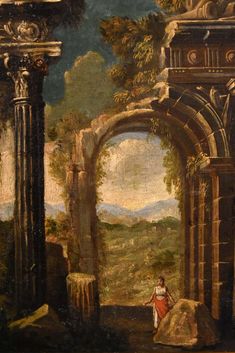 an old painting with a woman standing in front of some pillars and arches, looking out onto the valley below