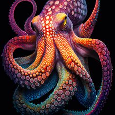 an octopus painted in bright colors on a black background, with the tentacles curled up