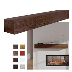 an image of a modern fireplace with wood and glass inserts on the top shelf