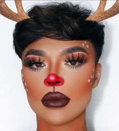 Rudolph Makeup Kids, Christmas Creative Makeup Looks, Xmas Makeup Ideas, Rudolph Makeup Reindeer, Creative Christmas Makeup Looks, December Makeup, Christmas Elf Makeup