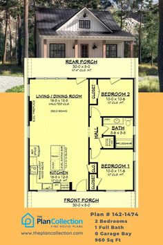 the floor plan for a small house with two bedroom and an attached porch, is shown in