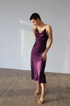 Silk Dress Purple, Purple Silk Bridesmaid Dresses, Purple Fitted Slip Dress, Fitted Purple Slip Dress, Plum Satin Dress, Purple Spaghetti Strap Midi Dress, Chic Fitted Purple Slip Dress, Formal Fitted Purple Slip Dress, Purple Silk Slip Dress For Evening