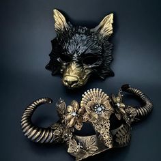 Men’s black wolf  and women's masquerade mask with floral filigree and gemstone details Wolf Masquerade Mask, Masquerade Masks, Kids Party Packs, Couples Masquerade Masks, Female Mask, Gold Mask, Wolf Design, Black Wolf, Masquerade Mask