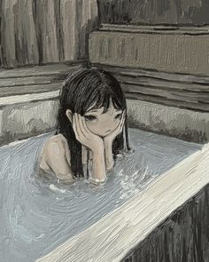 a painting of a girl in a bathtub with her hand on her face and head