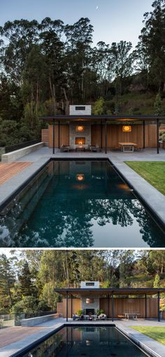 this modern house has a swimming pool that is surrounded by trees and grass, while the roof