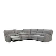 a grey sectional sofa with recliners on it