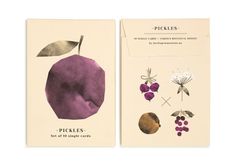 two pieces of paper with pictures of fruits and vegetables on them, one is purple