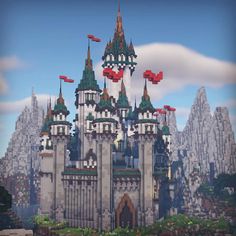 an image of a castle in the sky with flags flying from it's towers