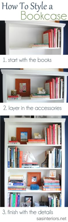 how to style a bookcase with three different styles and colors for the bookshelf