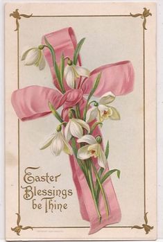 an easter card with white flowers and pink ribbon tied around it's center cross