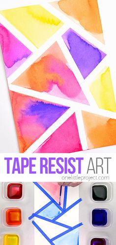 some watercolors are being used to make an art project with tape resist art