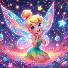 a cartoon tinkerbell sitting on the ground with stars in the sky behind her