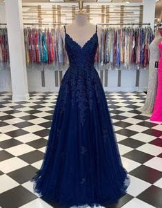 A line v neck tulle lace prom dress evening dress on Storenvy Navy Blue Lace Prom Dress, Navy Blue Prom Dresses, School Dance Dresses, Prom Inspo, Prom 2020, Winter Formal Dresses, A Line Evening Dress, Lace Prom Dress, Tulle Ball Gown