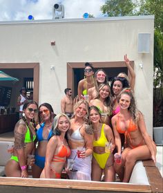 a group of women in bikinis posing for a photo at a pool side bar